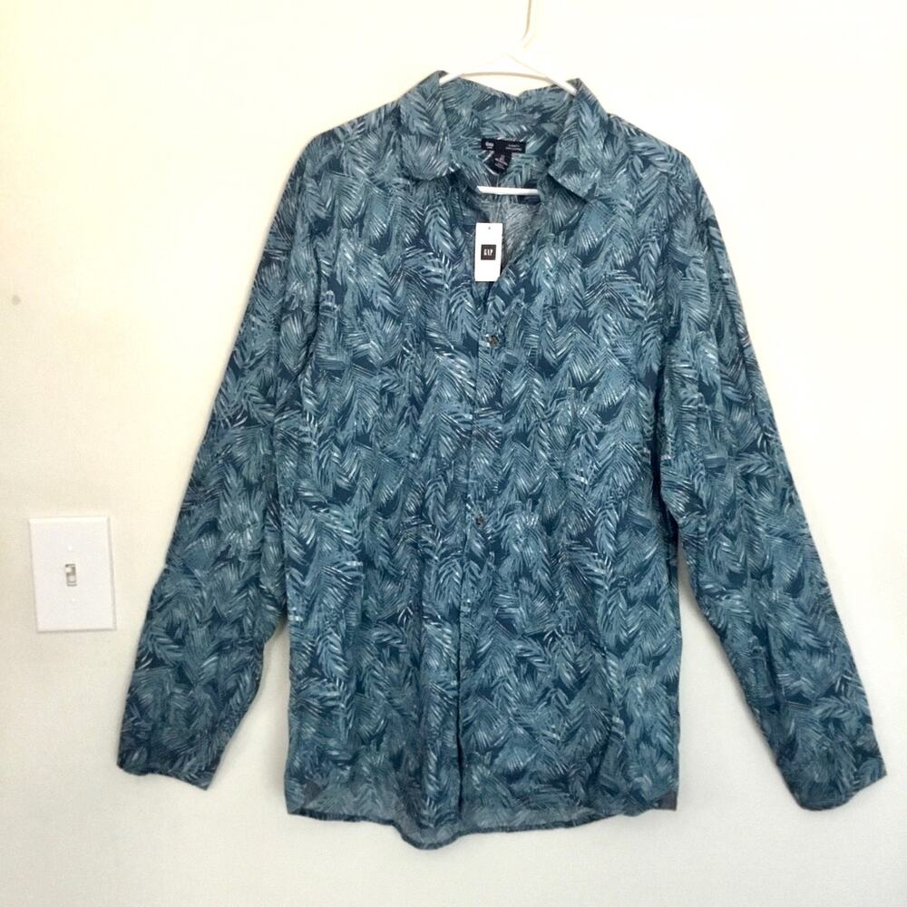 Gap Mens Size L Blue Long Sleeve Palm Leaves Hawaian Button Down Shirt Cotton